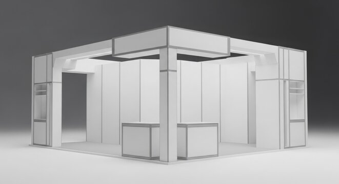 Empty white and grey modular exhibition stand or trade show booth with a clean, modern design, ready for customization.