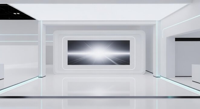 A sleek, modern, and futuristic white studio interior with a large illuminated screen displaying an abstract light effect, featuring minimalist design and clean lines.