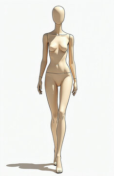 Female fashion mannequin template for clothing design and avatar creation. Stylized human body figure for animation and digital art projects. Outline drawing.