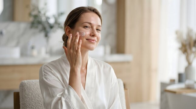 Happy beautiful woman applying face cream in bright modern bathroom representing daily cosmetic routine, anti aging and skin protection.