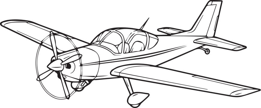 Single-Engine Propeller Aircraft (Light Sport Plane) with Enclosed Cockpit, High Wing, and Tricycle Landing Gear, Detailed Aviation Line Art Style black and white vector illustration
