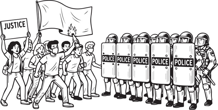 Protesters Holding Justice Sign And Flag Confronting Riot Police Line With Shields, Civil Unrest Demonstration Black And White Vector Illustration
