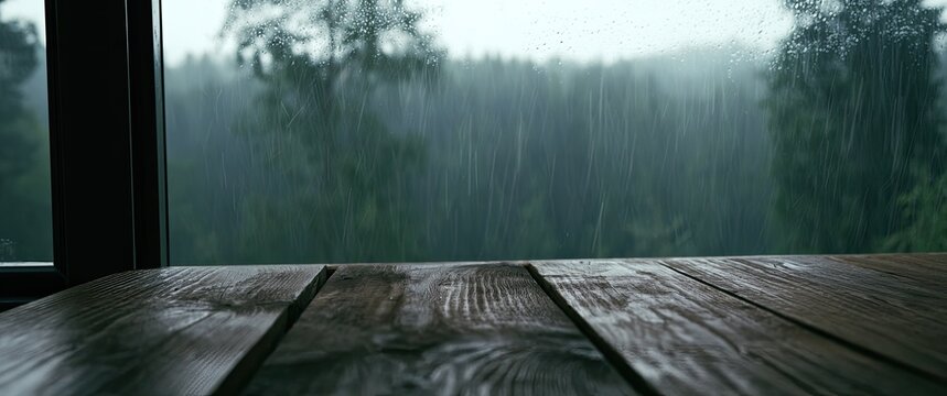 Wet wooden planks on a balcony overlook a misty, rain-swept forest