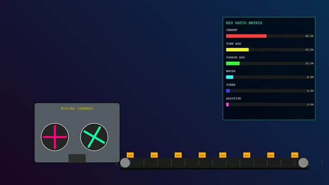 A digital concrete printing interface shows automated material mixing ratios on a monitor screen as a mechanical conveyor belt advances small yellow building blocks steadily forward