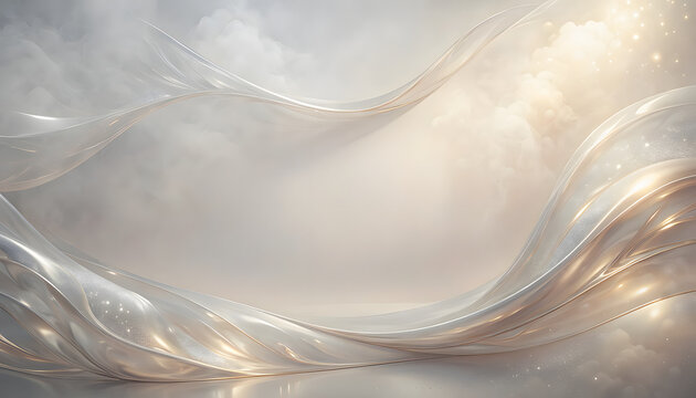 Elegant white satin silk banner design with flowing gold glitter lines luxury abstract background for cosmetic product presentation empty space aesthetic glowing waves