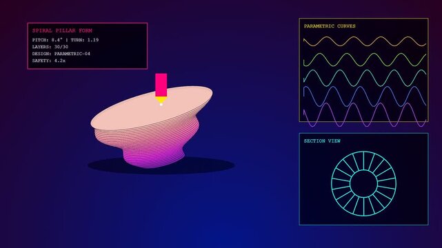 Industrial concrete printing process displaying parametric curves and spiral pillar geometry in a digital interface showing additive manufacturing layers on a dark gradient blue screen backdrop