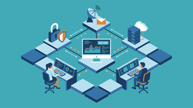 Isometric Data Center Cybersecurity Network with Team Monitoring Infrastructure Server Arrays