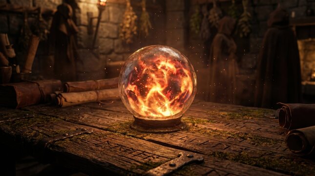 Mystical fire orb glows on rustic wooden table in dark alchemist workshop setting.
