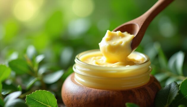 Creamy yellow butter scoops from glass jar. Wooden spoon lifts butter with rich texture. Green leaves form natural background. High quality cosmetic ingredient.