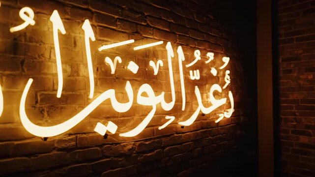 Blue neon Arabic calligraphy sign in dark room.