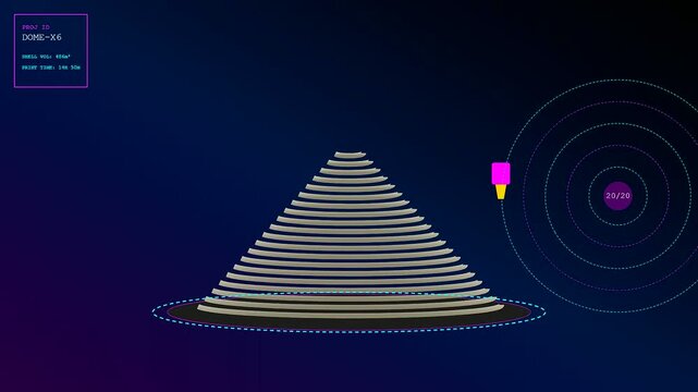 A sequence showing concrete printing processes evolving into a structured pyramid shape with robotic arms building layers within a dark digital interface display for monitoring progress