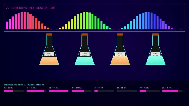 Digital displays showing concrete printing analysis with colorful waveform data graphs and beakers filled with industrial mixture samples against dark purple ambient studio lighting backgrounds