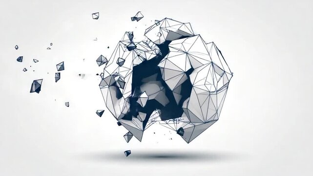 Abstract 3D geometric shape fragmenting, floating against a white backdrop