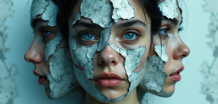 Multiple fractured faces merge creating illusion of inner conflict. Woman reveals shattered identity, parts peel away revealing inner turmoil. Disconnected persona issues visualized.