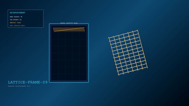 A digital simulation showing concrete printing of a wire mesh frame with glowing nodes forming a geometric grid structure displayed on a dark blue ui screen