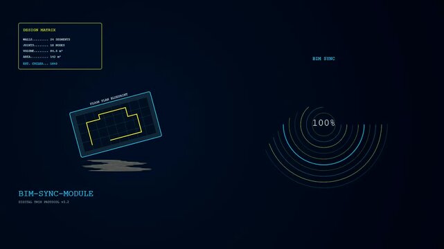 Dynamic concrete printing interface visualization displaying a growing floor plan blueprint on a floating digital grid as the circular progress bar completes a sync sequence