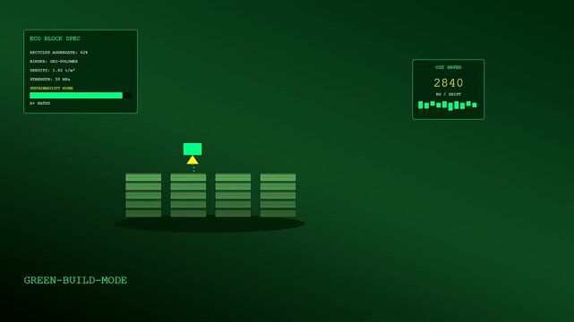 Concrete printing process demonstrated through a digital interface showing additive manufacturing of modular blocks on a dark emerald green background with graphical data displays and metrics