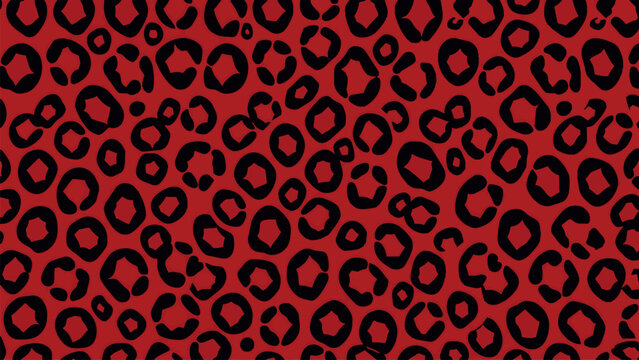 A captivating and vibrant seamless pattern showcasing classic black leopard rosettes, irregularly shaped and stylized, set against a bold, fiery red background, creating a fierce and exotic aesthetic