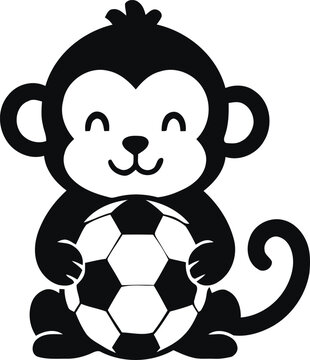 Premium Cute Monkey Soccer Logo featuring an adorable smiling monkey holding a classic soccer ball. Designed with bold shapes, smooth curves, and a clean vector