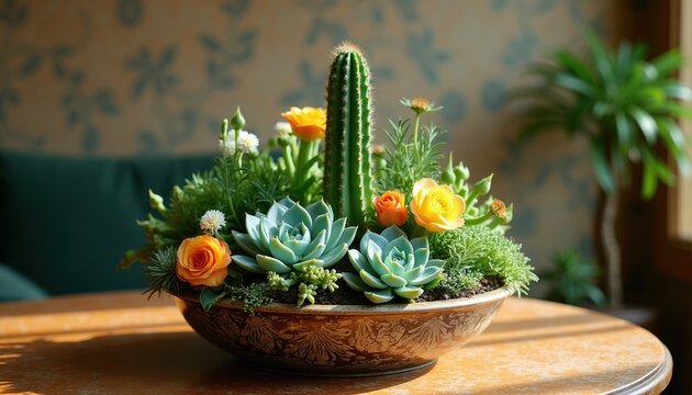 Assorted succulents, cacti form unique arrangement inside decorative pan. Diverse flora sits atop wooden table near window. Natural light highlights textures, colours of desert plants. Minimalist