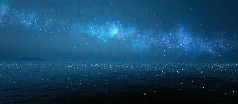 Starry night sky reflected on calm ocean water with faint land silhouette
