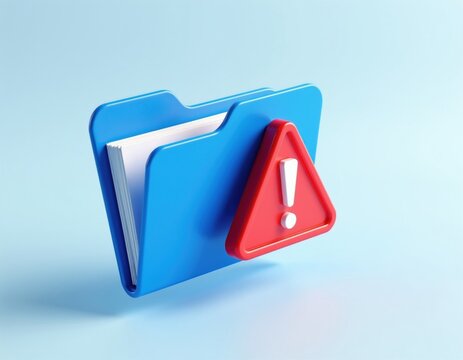 Blue folder with papers shows red alert sign. Computer file issue or data error. Digital notification for system trouble or security risk. Danger warning.