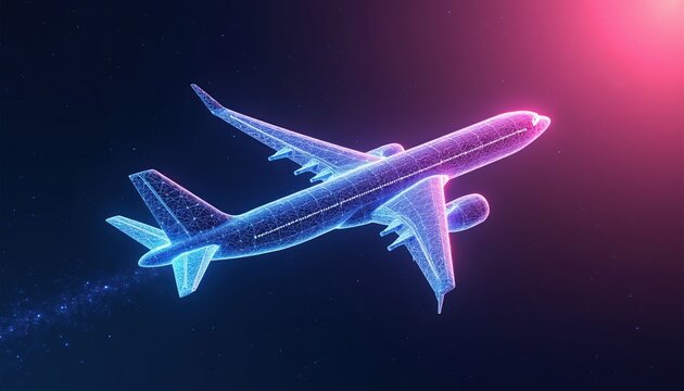 Futuristic airplane wireframe in neon blue and pink flies through starry dark sky. Abstract mesh design suggests future aviation transport and digital technology innovation.