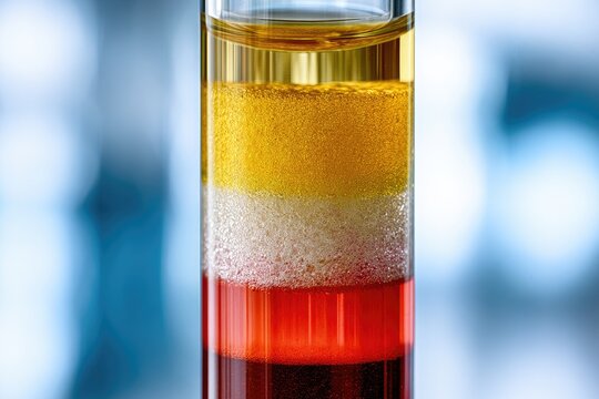 Stratified liquids in a glass tube, showing distinct color layers