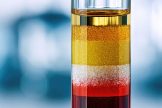 Layered liquids in a clear cylindrical container, displaying distinct color separations