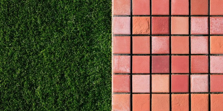 Artificial turf beside a wall of square, textured terracotta tiles