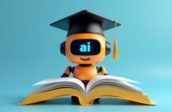 Orange robot wearing graduation cap reads open book with ai on screen. Concept of artificial intelligence in education and learning. Future technology for school and college.