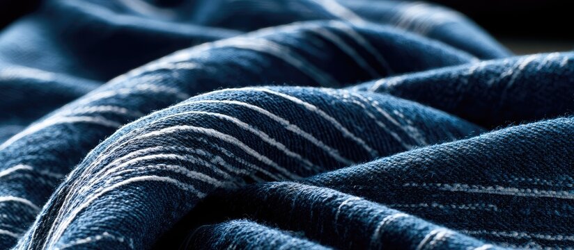 Deep blue fabric folds with intricate white linear patterns, close-up detail