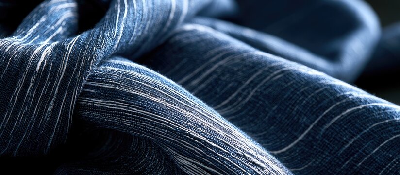 Deep blue fabric with subtle white pinstripes, artfully folded in soft, flowing waves