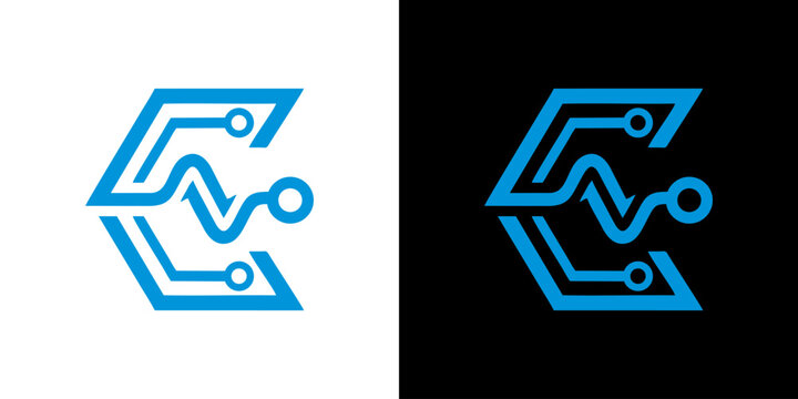 Technology logo features circuit board design on white and black backgrounds