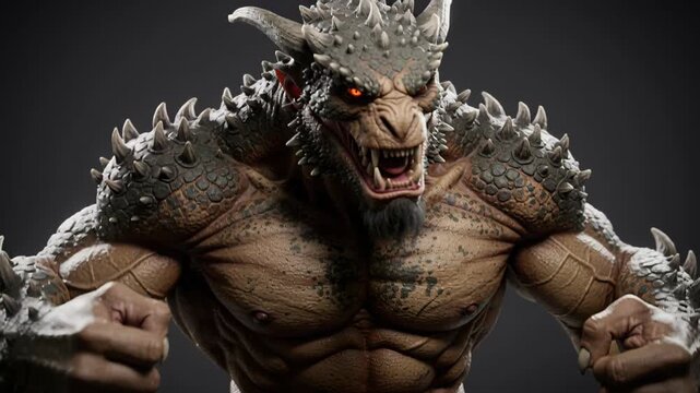 Fierce Monster Roaring: A terrifying monster with sharp claws, glowing red eyes, and a muscular build unleashes a fearsome roar.