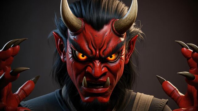 Demonic Visage: A fearsome red demon with glowing eyes, sharp claws, and menacing horns stares intensely, exuding an aura of raw power and dark energy.