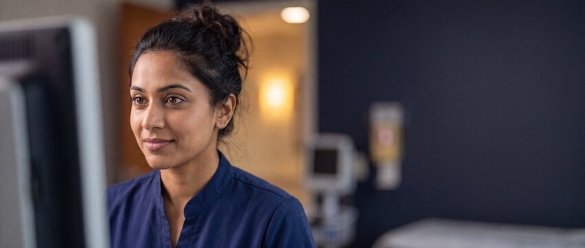 Indian female nurse looking monitor in hospital clinic, focused professional medical healthcare worker wearing blue scrubs working at computer, modern health technology career workspace portrait view.