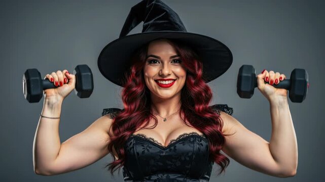 Halloween Fitness Witch: A fit woman dressed as a witch, complete with a pointy hat, holds dumbbells, showcasing her strength and spooky season spirit.