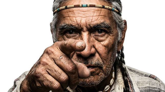 Elderly Indigenous Man Pointing Finger Directly at Camera with Intense Expression PNG Isolated on transparent background