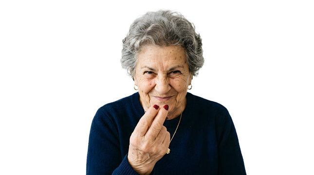 Elderly woman with gray hair making Italian hand gesture asking what do you want PNG Isolated on transparent background
