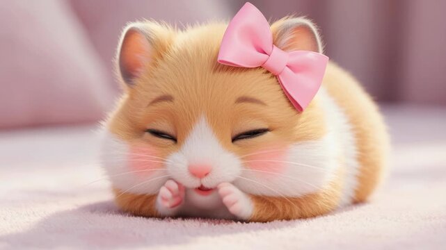 Cute Hamster with Pink Bow: A super cute and fluffy hamster with rosy cheeks and a delicate pink bow is resting peacefully, exuding an irresistible charm and warmth.