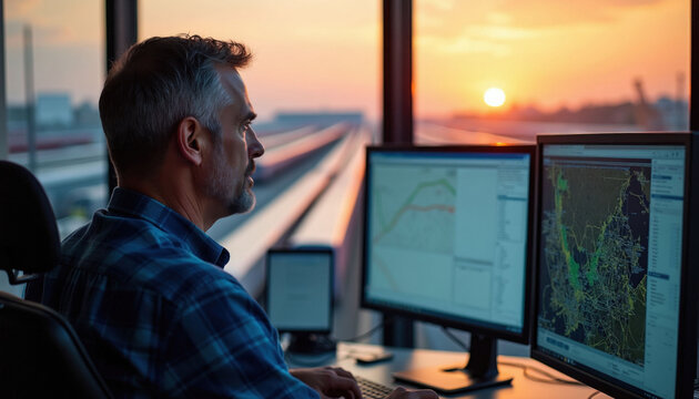 Man at computer screens oversees logistics hub at sunset. He tracks shipments, manages fleet operations, and plans deliveries from control room. Modern transport network monitoring.
