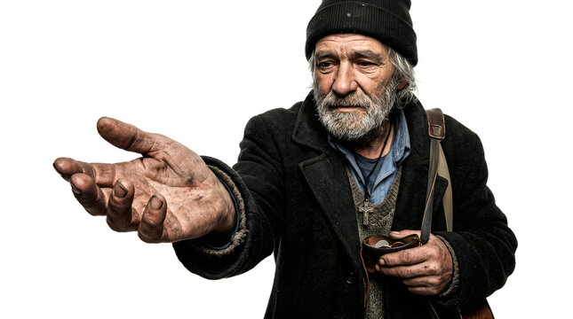 Homeless man with outstretched hand asking for money and holding a coin purse PNG Isolated on transparent background