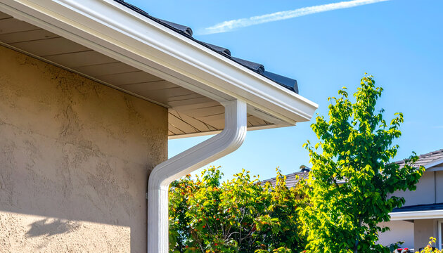 Close-up of a clean white gutter system on a residential home.