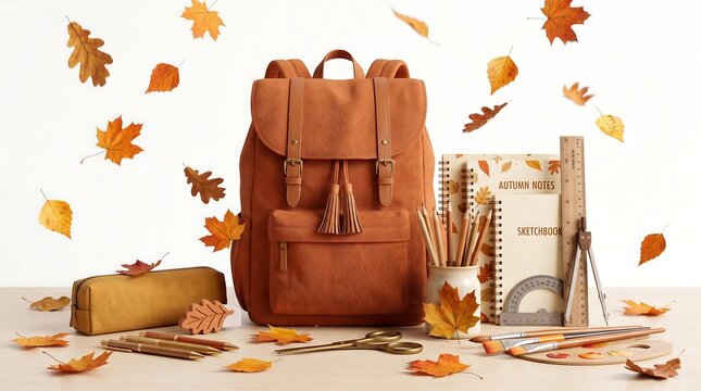 Autumn school supplies and backpack with books, pencils, and leaves on table