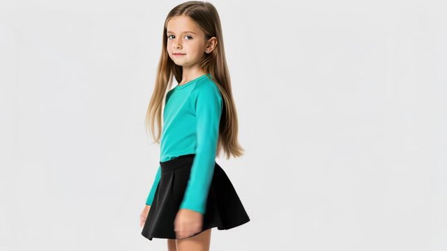 Young Girl in Turquoise Top and Black Skirt: A young girl with long brown hair, wearing a turquoise long-sleeved top and a black pleated skirt, stands against a plain background.