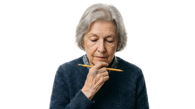 Elderly woman with gray hair holding a pencil to her chin in deep thought PNG Isolated on transparent background