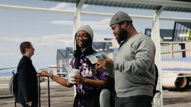 Friends walking in airport terminal traveling together to foreign countries, looking at plane ticket, African American travel friends reading boarding pass flight information, for mobile travel tech.