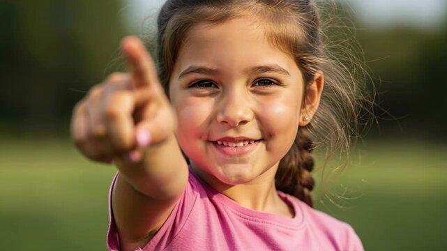 A Little Girl Points Forward: A young girl with a bright smile and braids points her finger forward, suggesting guidance, a call to action, or perhaps a playful command.