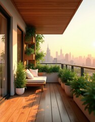 Obraz premium Modern balcony with wooden bench plants overlooks city skyline at sunset. Comfortable urban outdoor space offers relaxing serene views. Natural light warms the clean minimalist decor.